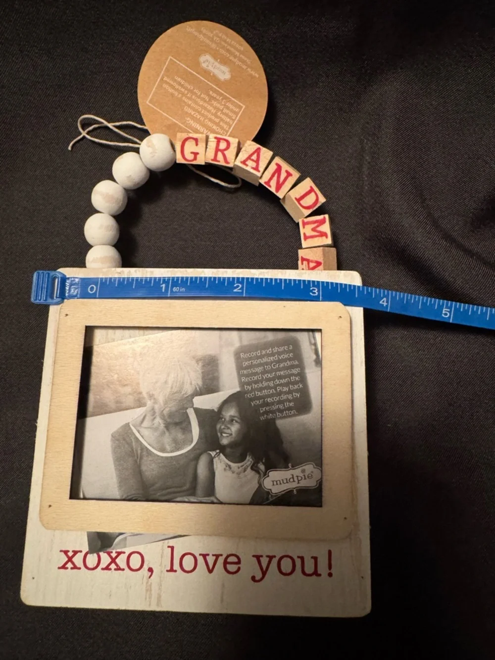 Mud Pie Grandma Recordable Photo Ornament Wooden Beaded Farmhouse Frame Gift
